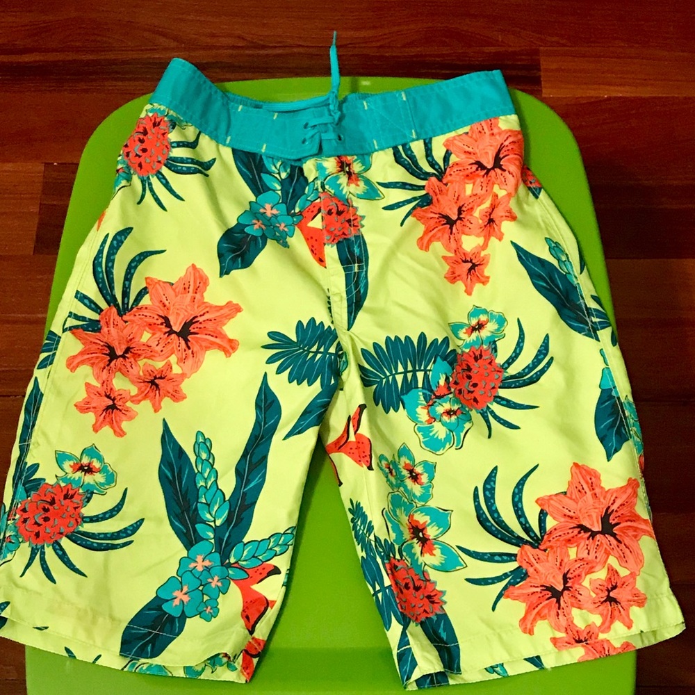 Gymboree Yellow Swim Trunks with Teal Waistband and Coral Floral Print